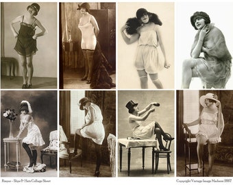 RISQUE Undergarments - SLIPS and HATS Vintage Postcards - Instant Download Digital Collage Sheet