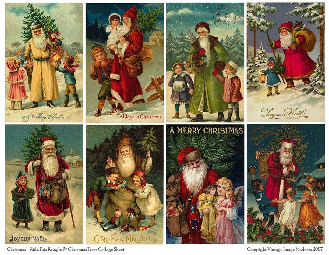 Kids, KRIS KRINGLE and CHRISTMAS Trees Vintage Christmas Collage Sheet