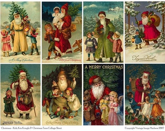 Kids, KRIS KRINGLE and CHRISTMAS Trees - Vintage Christmas Collage Sheet