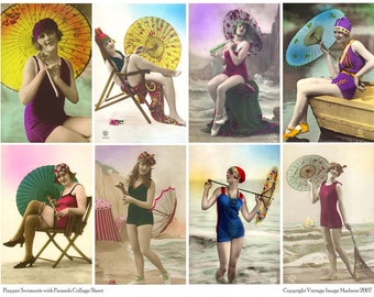 FLAPPER SWIMSUITS with PARASOLS Vintage Postcards - Instant Download Digital Collage Sheet