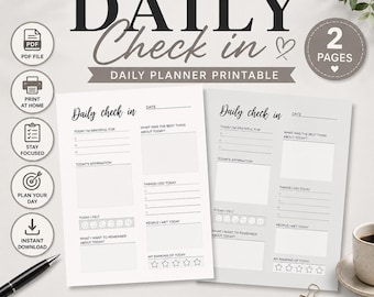 May include: A two-page daily planner printable set featuring a white and light gray layout with black text. The pages include sections for gratitude, affirmations, daily tasks, mood tracking with icons, and a five-star ranking system for the day.