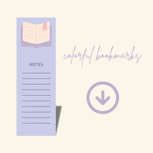 May include: A purple bookmark with a cartoon illustration of an open book with a pink ribbon bookmark. The bookmark has a section for notes with lined spaces.