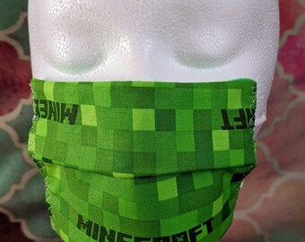Minecraft Mask Kid age 5, 6, 7, 8, 9, 10 reusable cloth fabric washable with free 3D printed ear saver earsaver boy girl small medium