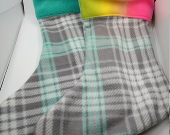 Plaid Christmas Stocking: Green & Gray, Rainbow Top Option
