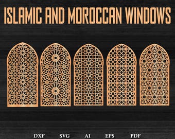 May include: Five different Islamic and Moroccan window designs in a digital file format. The designs are intricate and geometric, with a variety of patterns and shapes. The designs are perfect for use in laser cutting, CNC routing, or other crafting projects.