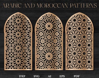 May include: Three intricate, gold-colored, geometric patterns in the shape of arches. The patterns are labeled "DXF", "SVG", "AI", "EPS", and "PDF".