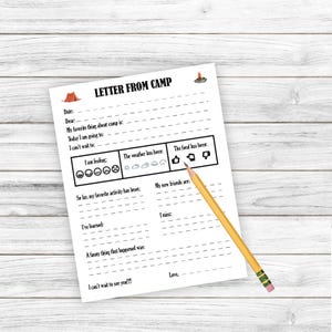 Peut inclure: Un modèle de lettre de camp imprimable avec un design noir et blanc. Le modèle comprend des sections pour la date, une salutation, les choses préférées du camp, les activités, les sentiments, la météo, la nourriture, les nouveaux amis, les choses apprises, les choses amusantes qui se sont produites et les choses manquées. Le modèle comprend également une section pour un message de clôture et une signature.