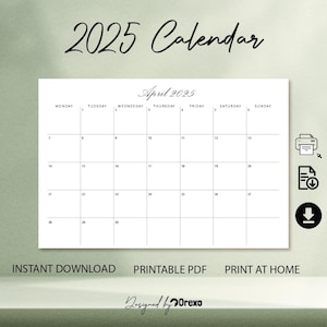 2025 Elegant Monthly Planner: Printable A4 Landscape Wall Calendar with Sunday & Monday Start