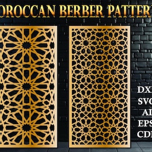 Peut inclure: Deux motifs berbères marocains dorés. Les motifs sont complexes et présentent des formes géométriques. Les motifs sont parfaits pour la découpe laser ou le fraisage CNC.