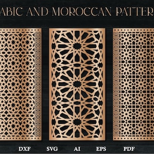 Op de afbeelding: Drie ingewikkelde geometrische patronen in koperkleur, met een zwarte achtergrond. De patronen zijn gelabeld met "DXF", "SVG", "AI", "EPS" en "PDF".