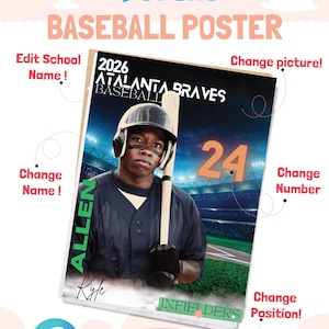 Modelo de pôster de beisebol do Canva | Banner para a noite de formatura, cartão de jogador, companheiro de memória | Pôster esportivo editável e fundo digital