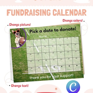 Kalendarz zbiórki funduszy na futbol amerykański 2025 „Wybierz datę” – edytowalny szablon | CANVA do druku | US Letter 8,5x11