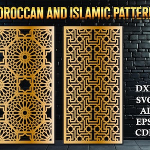 May include: Two gold-colored laser cut panels with intricate Moroccan and Islamic geometric patterns. The panels are set against a black brick wall. The text "DXF, SVG, AI, EPS, CDR" is visible in the lower right corner of the image.