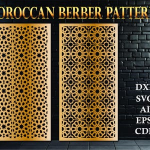 May include: Two gold Moroccan Berber pattern designs, one with a repeating star and flower pattern, the other with a repeating circular pattern. The designs are on a black brick background. The text "DXF, SVG, AI, EPS, CDR" is in white text on the right side of the image.
