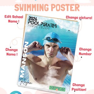 Swimming Poster Canva Template, Senior Sports Poster, Memory Mate, Swimming Banner, Team Sports Posters in Canva, Homecoming Background.