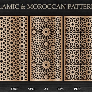 Può includere: Tre intricati motivi islamici e marocchini in oro, perfetti per progetti di taglio laser o design digitale. I motivi sono disponibili nei formati DXF, SVG, AI, EPS e PDF.