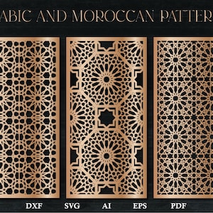 Può includere: Tre file digitali di intricati motivi geometrici in color rame. I file sono etichettati DXF, SVG, AI, EPS e PDF.