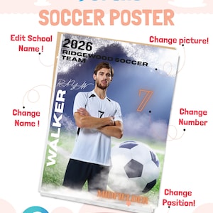 Editable Soccer Poster Template | Senior Sports Banner, Memory Mate & Photo Card | Canva Soccer Background for Team Photography