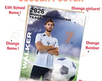 Editable Soccer Poster Template | Senior Sports Banner, Memory Mate & Photo Card | Canva Soccer Background for Team Photography