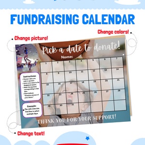 Peut inclure: Modèle de calendrier de collecte de fonds éditable avec une image de basket-ball. Le calendrier comporte un espace vide pour un nom et une section pour les instructions. Il est divisé en 31 cases, chacune représentant un jour du mois. Le texte "Choisissez une date pour faire un don !" est écrit en blanc sur fond noir.