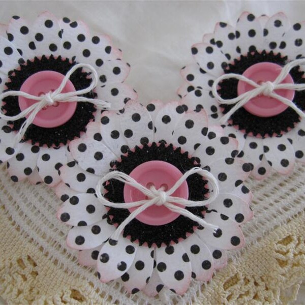 Shabby Pink Button Black PolkaDot Glittery Flower Embellishments set of 3