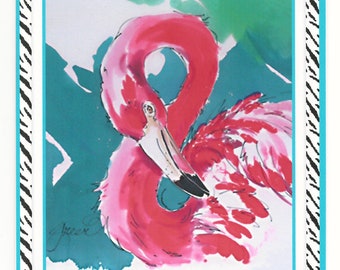 Flamingo Zebra Print bright 5 Note Cards with Envelope