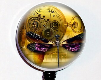 Steampunk Dragonfly Clocks Badge Id Holder Retractable Reel Bottle cap