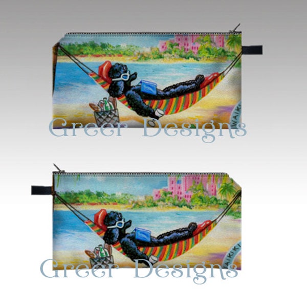 Black Poodle Hawaii Beach Hammock Whimsical Cosmetic Makeup Pencil Case Bag pouch 7x4"