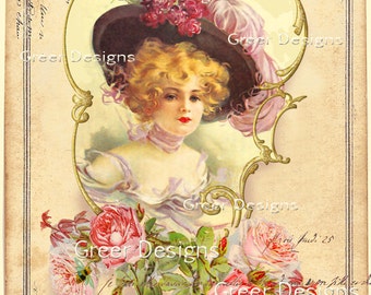 Victorian Girl Feather Hat Greeting Pink Roses Blonde Lady Printable Instant Digital Download Gift Card