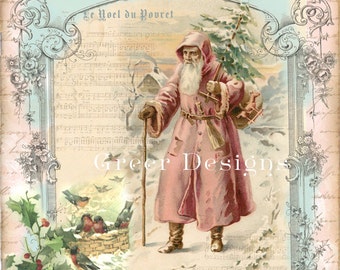 Christmas Greetings Card Birds Noel Tree Victorian Pink Santa Claus Script Writing Digital download Printable