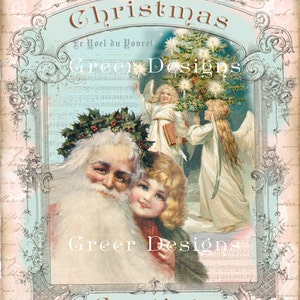 Christmas Card Greetings Angels Noel Tree Victorian Pink Santa Claus Script Writing Digital download Printable