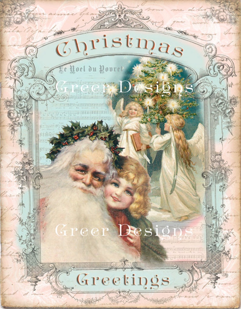 Christmas Card Greetings Angels Noel Tree Victorian Pink Santa Claus Script Writing Digital download Printable image 1