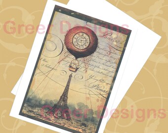Eiffel Tower Hot Air Balloon Steampunk Note Card and Envelope