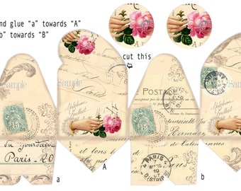 Gift Candy Chocolate Jewelry Box Instant Digital Download Retro Victorian Hand Rose Script Writing Paris Party Favor Tags French Postmark