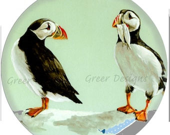 Puffin offering fish Melamine 8 or 10 inch Art Plate Original painting