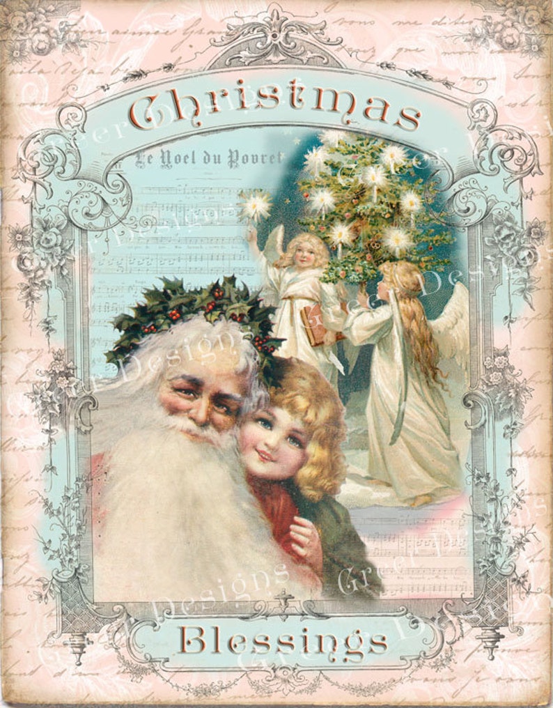 Christmas Card Blessings Angels Noel Tree Victorian Pink Santa | Etsy