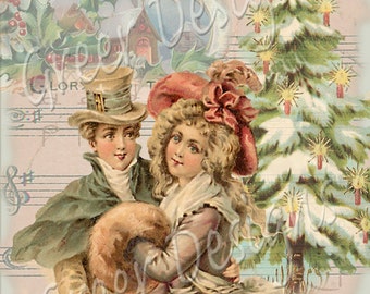 Christmas Card Romantic Regency Couple Music Carol Hark the Harold Tree Victorian church Snow Digital download Printable