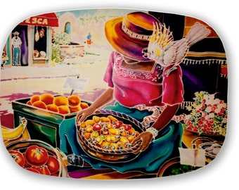 Mexican market Lady Cockatoo Serving Platter Tray Old Mexico Mercado Painting Original Melamine