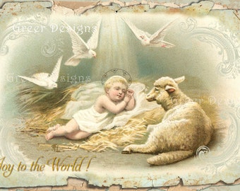 Christmas Card Gift Tag Baby Jesus in Manger with Lamb and Doves Joy World Digital download Printable