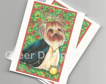 Yorkie Yorkshire Terrier Christmas Note Cards with HollySet of 6