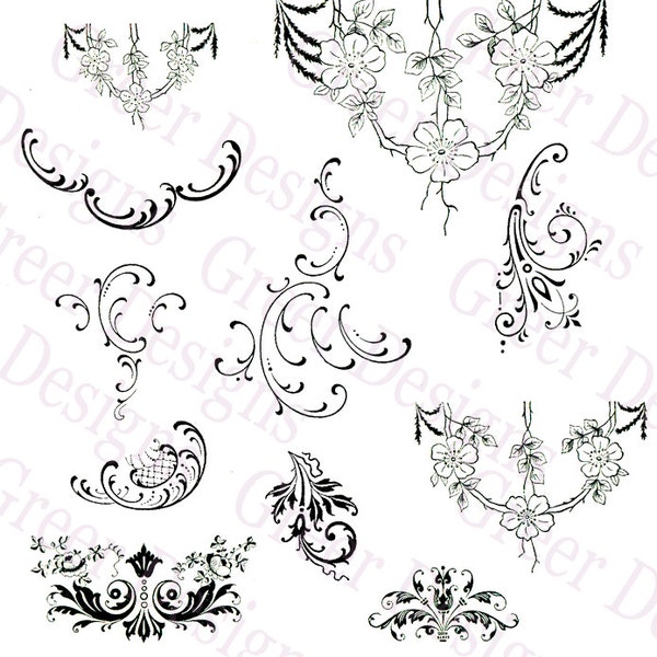 Ornament Scrolls Curls Vintage filigree Art Deco Floral Lacy Trims Ephemera Victorian Digital Download