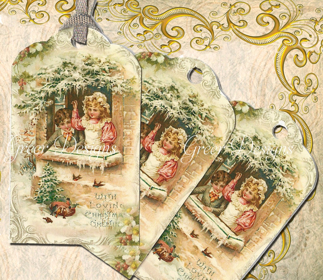 Printable Christmas 8 Gift Tags Children Boy Girl Birds Snow Victorian ...