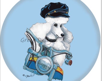White Poodle Biker Portrait Melamine 8 or 10 inch Art Plate