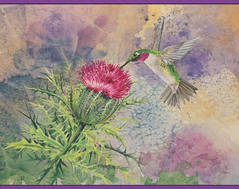 Hummingbird Thistle Watercolor Note Cards Set of 6 with Envelopes