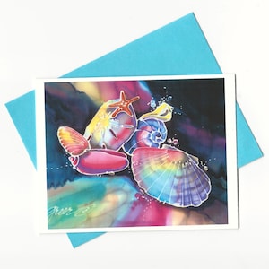 Shells Bright Colorful Silk Painting 5 Note Cards with Envelopes image 1