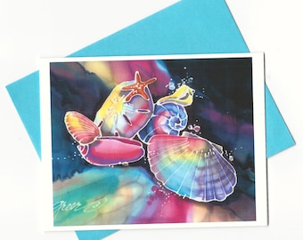 Shells Bright Colorful Silk Painting 5 Note Cards with Envelopes