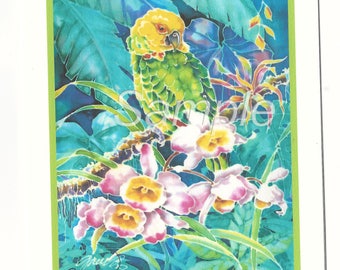 Green Parrot Orchids Tropical Note Card and Envelope