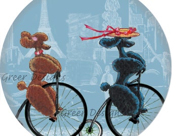 Black and Apricot Poodles on bicycles in Paris Melamine 8 or 10 inch Art Plate