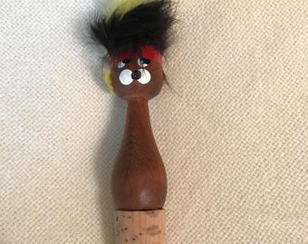 Antique Carved German bottle stopper Cute Animal Head with Feathers Headband