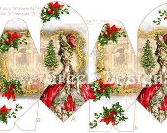 Marie Antoinette Versaille Christmas Holiday Holly Tree Gift Pillow Printable Box Template Digital Download